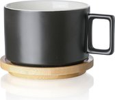 Keramische koffiezetapparaatset (310 ml) met houten chocoladestukjes, koffiezetapparaatset voor cappuccino, latte, espresso, Americano, mokka, thee (mat zwart