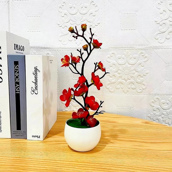 Kunstmatige Bonsai Plant met Pot - Pruimenbloesem - Thuis Kantoor Decoratie - Rood