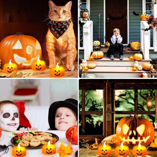 Lot De 12 Bougies Chauffe-plat LED Citrouille - Sans Flamme, à Piles, Effet Vacillant Orange, Pour Décoration Halloween/Thanksgiving
