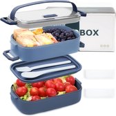 Lunchbox 1600 ml, 2-in-1 Bento Box, lekvrij, luchtdichte lunchbox met vakken en bestekset, ontbijtbox, lunchbox voor op reis, lunchbox voor volwassenen, donkerblauw