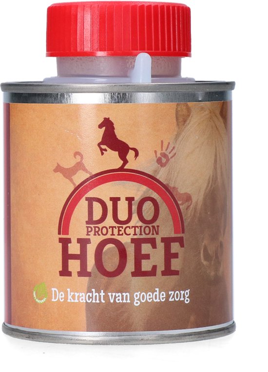 Een blikje hoefproduct van Duo Protection met rood deksel.