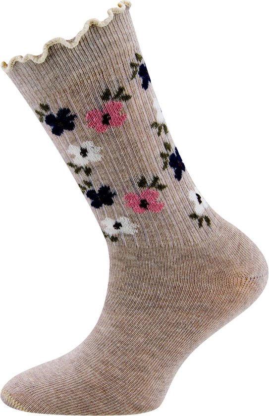 Ewers Chaussettes Enfant Filles - Fleurs et Côtes Fines - Bord Volant - Beige-Ecru-31/34
