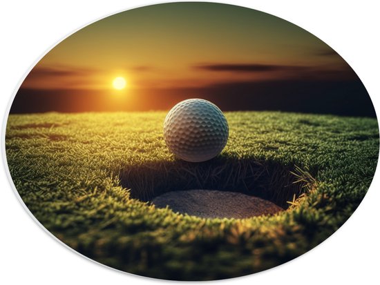 PVC Schuimplaat Ovaal - Golf - Golfbal - Zonsondergang - 40x30 cm Foto op Ovaal (Met Ophangsysteem)