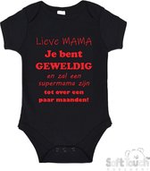 100% katoenen Romper "Lieve MAMA je bent geweldig en zal een supermama zijn. Tot over een paar maanden!" Unisex Katoen Zwart/rood Maat 56/62