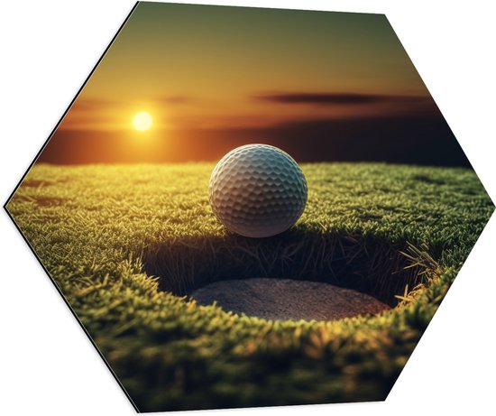 Dibond Hexagon - Golf - Golfbal - Zonsondergang - 70x60.9 cm Foto op Hexagon (Met Ophangsysteem)