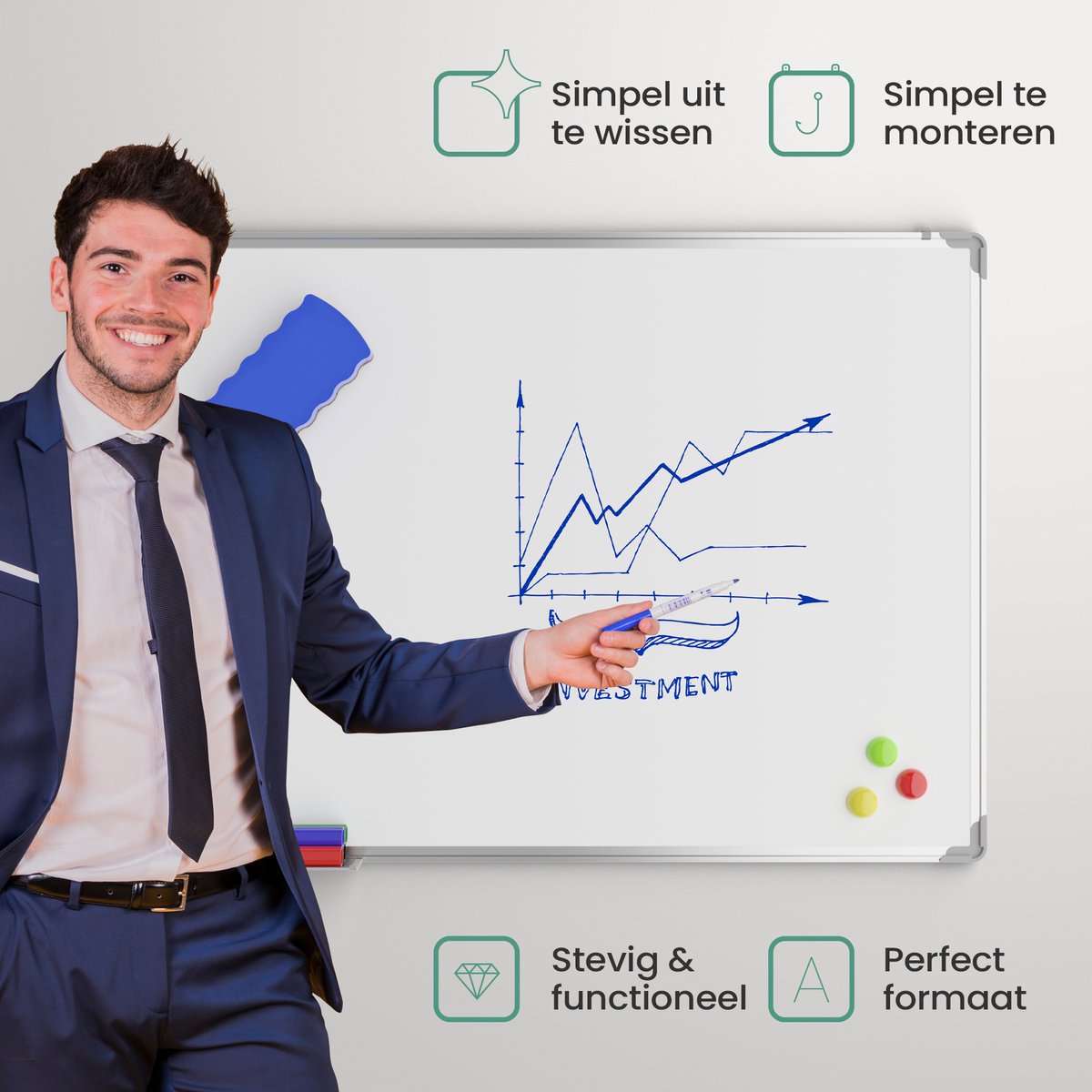 Avalo Whiteboard 60x90 cm - 14 in 1 set - Whiteboard Magnetisch inclusief Markers, Magneten & Wisser thumbnail 2