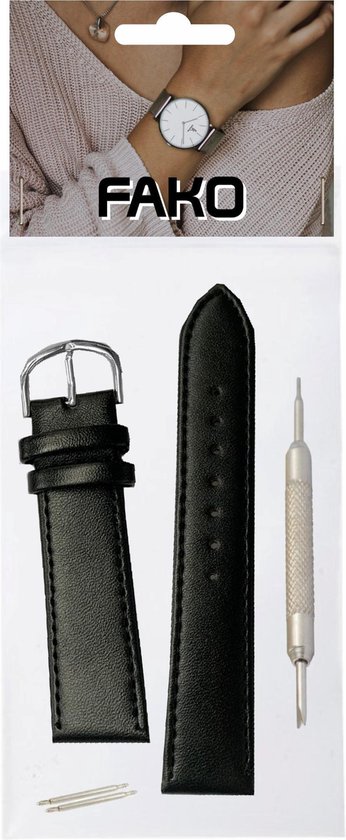 Fako Bijoux® - Horlogebandje - Echt Leer - 20mm - Zwart - Met Montagetool - Fako Bijoux®
