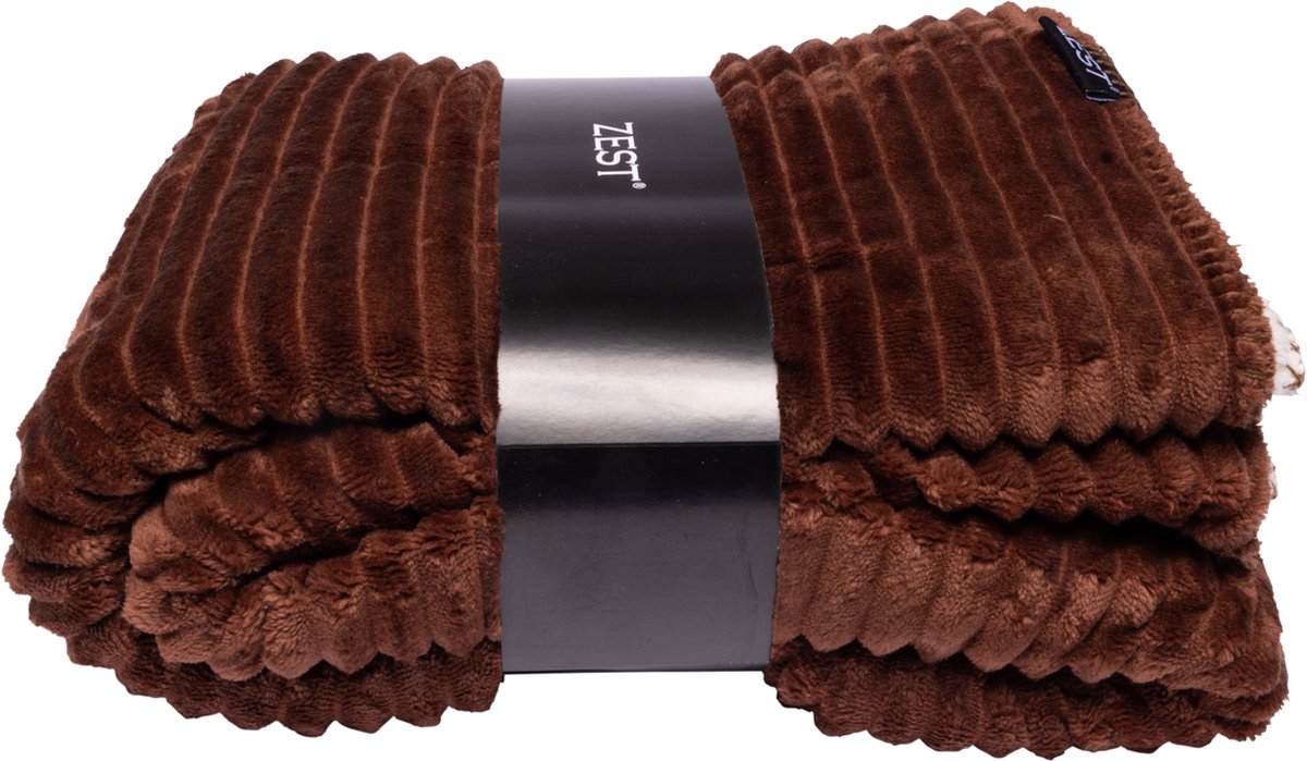 Zest - Fleece plaid bruin - Super zacht - Fleece plaid voor op de bank - 125x150 cm - Vacht zijde - Heel warm en zacht - Ribbel structuur buitenkant en extra zachte zijde binnenkant- Fleeceplaid - Fleecedeken - Pluist niet