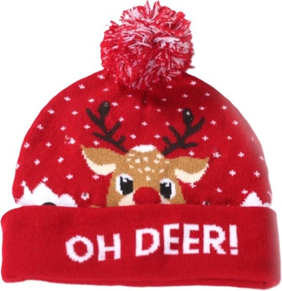 Kerstmuts LED lampjes Oh Deer rood