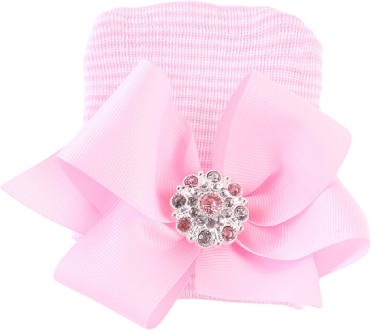 Goedkoopste Mammie's Geboortemuts / babymuts / ziekenhuismuts gestreept met strik van lint en steentjes - 0 tot 1 maand Pink gestreept met Pink strik
