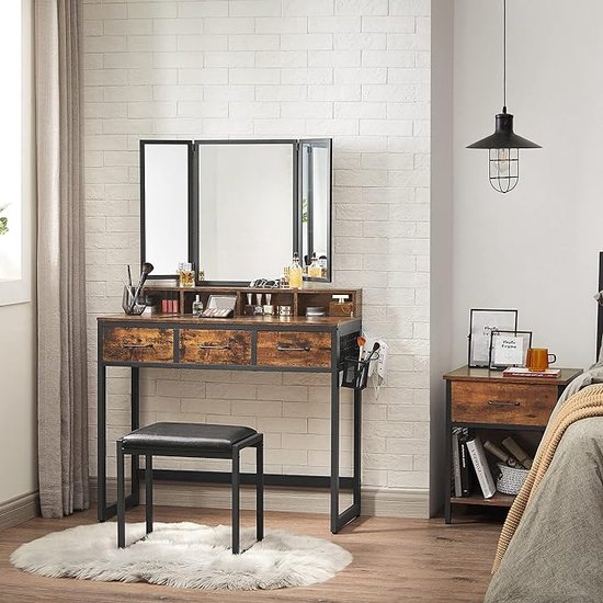 Kaptafel met LED-verlichting, spiegel, verstelbare helderheid, kruk, 5 lades, moderne houten cosmetische tafel, grijs Kaptafel met LED-verlichting, spiegel, verstelbare helderheid, kruk, 5 lades, moderne houten cosmetische tafel, grijs
