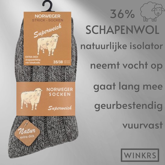 Warme Wollen Noorse Sokken - 2 paar - maat 35-38 - Zwart & Grijs - Dikke Huissokken met Schapenwol, Wintersokken voor dames en kinderen - Winkrs