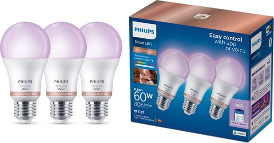 Philips Lamp 60W A60 E27 x3, Intelligente verlichting, Wit, E27, Wit, 2200 K, 6500 K