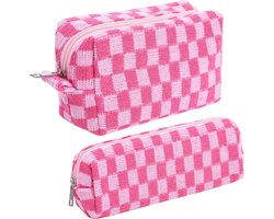 Make-uptas Geruite Cosmetische Tas Rits Pouch 1 St Grote Capaciteit Toilettas en 1 St Kleine Make-up Borstels Opbergtas voor Vrouwen, rozerood, mixed size, schattig