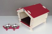 MishiDesign Pethouse - Huisdieren huisje met kleedje en eet- & drinkbakje - Rood