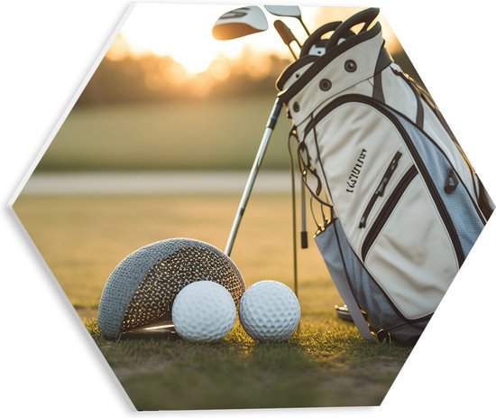 PVC Schuimplaat Hexagon - Golf - Golfbal - Sport - Hobby - Tas - Gras - 30x26.1 cm Foto op Hexagon (Met Ophangsysteem)