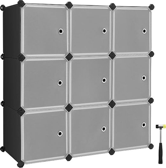 9-Cube opbergorganisator, kunststof kast met deuren, modulaire kast voor kleding, schoenen, speelgoed, boeken, eenvoudig te monteren, zwart LPC116HS