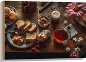 Hout - Eten - Drinken - Thee - Brood - Fruit - Bloemen - Bestek - 75x50 cm - 9 mm dik - Foto op Hout (Met Ophangsysteem)