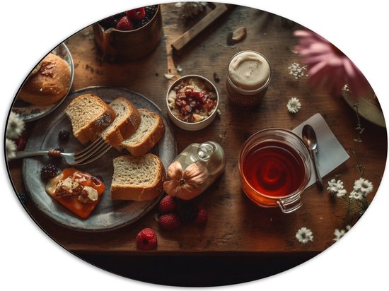 Dibond Ovaal - Eten - Drinken - Thee - Brood - Fruit - Bloemen - Bestek - 56x42 cm Foto op Ovaal (Met Ophangsysteem)