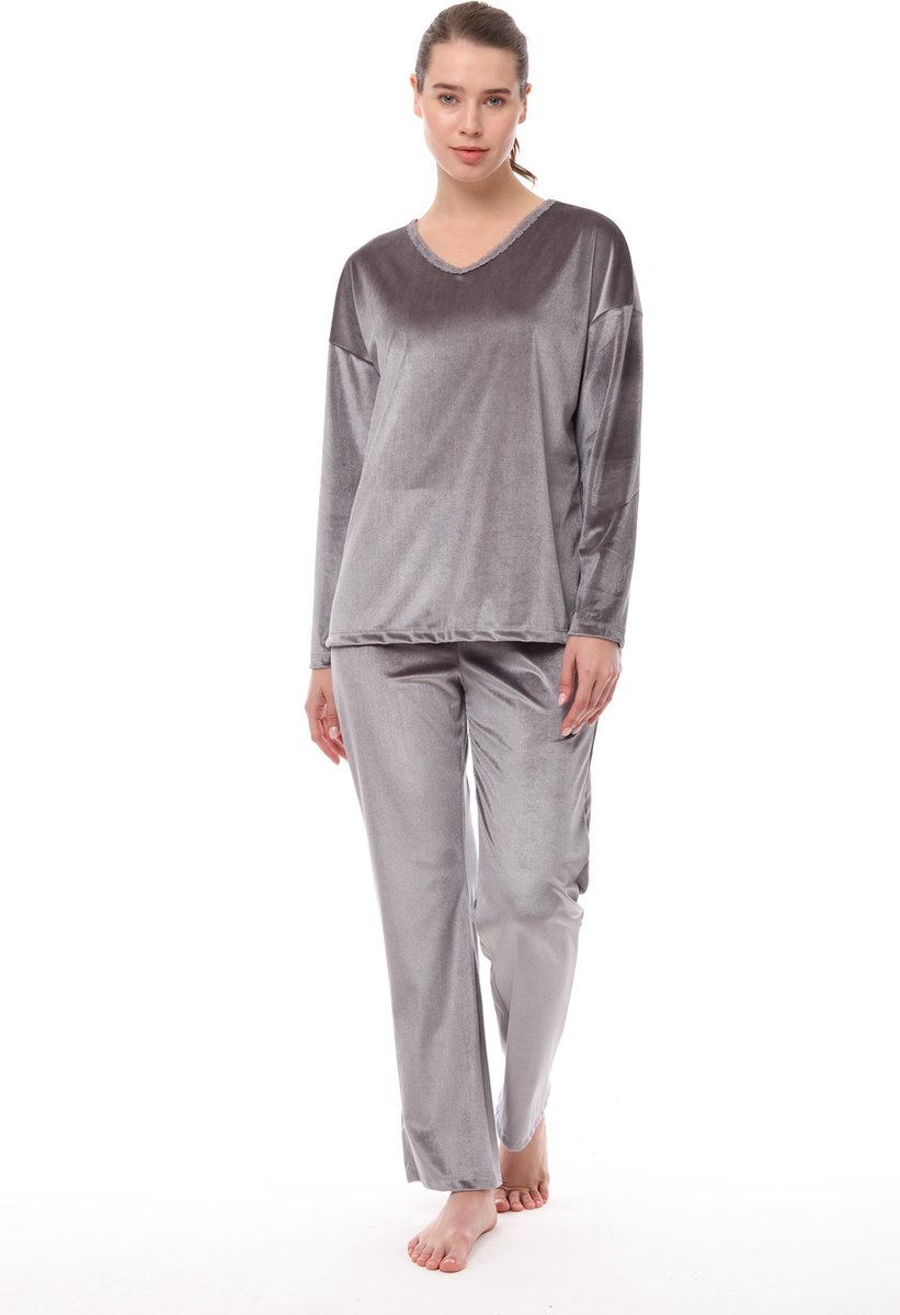 Pijadore Fluwelen Dames Pyjama Set, Lange Mouwen, Grijs