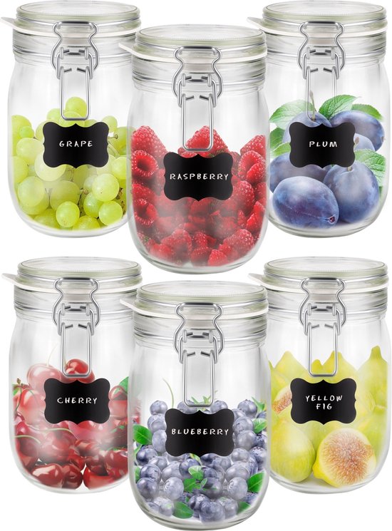 Creative Home 6x Glazen Pot Opbergset 1 Liter Met Luchtdichte Clipdeksel - Incl. Stickers
