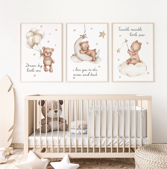 Set Posters pour chambre de bébé 3 pièces (sans cadre) - 50x70 cm Décoration chambre d'enfant - Ours en peluche avec ballon étoiles - Affiche Kinder - Beige