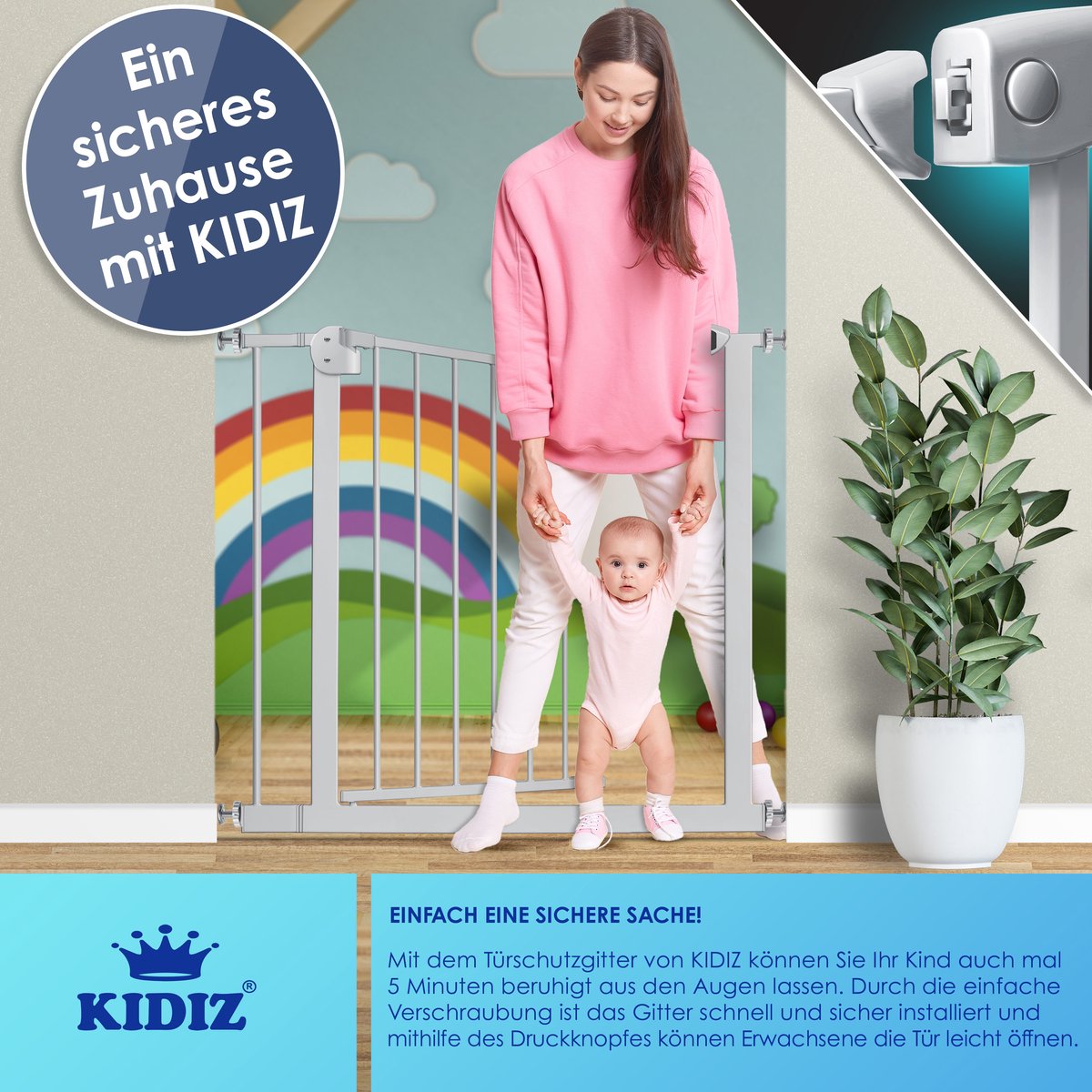 KIDIZ® Traphekje 88-94 cm Uitbreidbaar met Verlengstuk - Kinderhekje zonder boren Veiligheidshekje voor Kinderen en Baby - Grijs