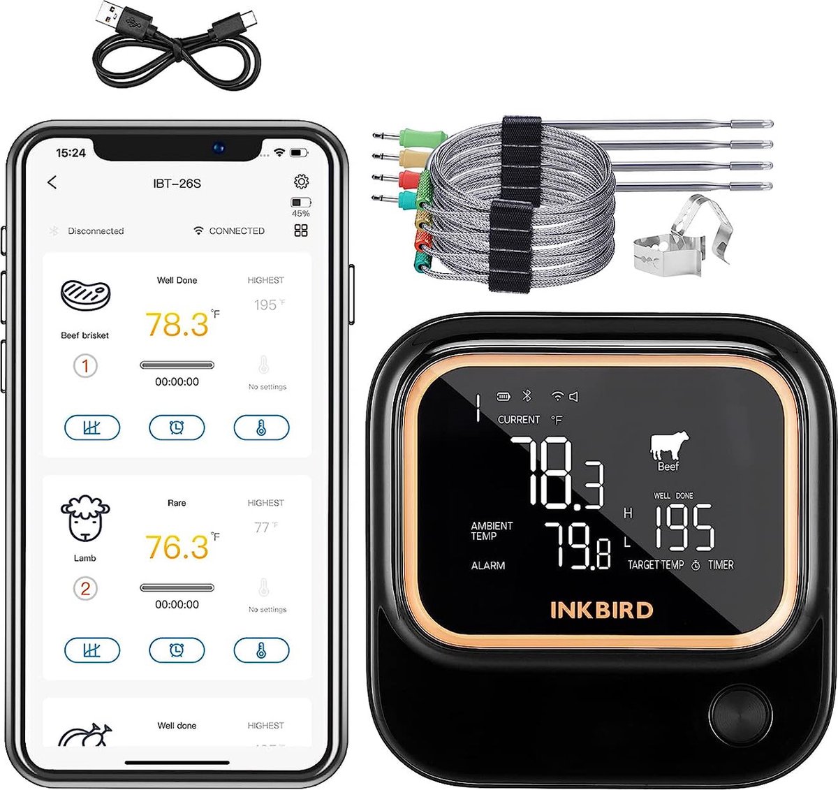 Thermomètre de barbecue Inkbird, thermomètres à viande Bluetooth IBT-4XS,  thermomètre de barbecue Bluetooth sans fil de 150 pieds, thermomètre à  viande sans fil avec thermomètre à 4 sondes 