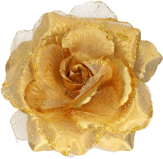 Gouden glitter bloem 10 cm met clip - Haardecoratie - Merkloos