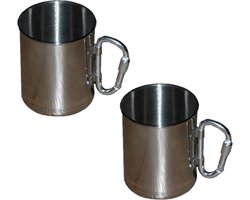 Roestvrij stalen mok met karabijnhaak - 3x stuks - Outdoor/camping drink mokken - 300 ml