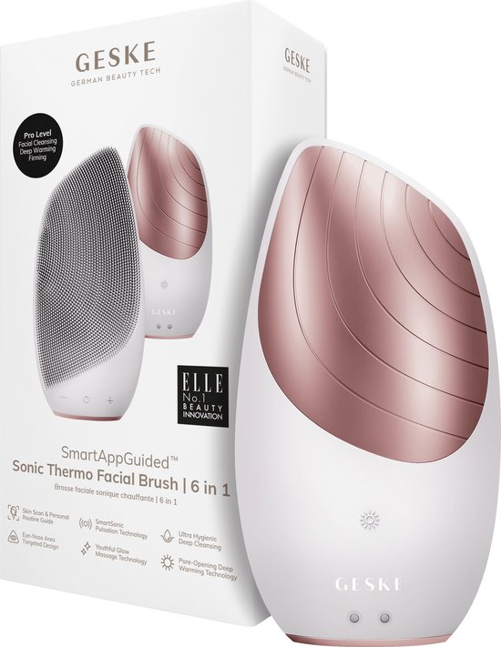 GESKE | SmartAppGuided™ Sonic Thermo Facial Brush | 6 in 1 | Huidreiniging | Reinigingsborstel met warmtefunctie | Gezichtsmassager | Elektrische gezichtsborstel | Apparaat voor gezichtsreiniging