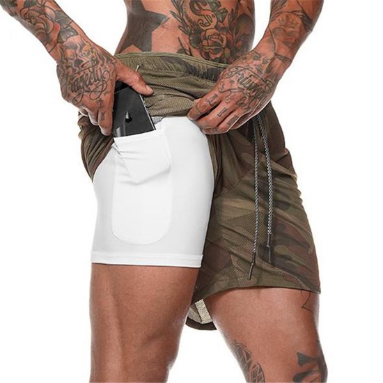 U Fit One Sportbroek voor Heren - Hardloopbroek met Mobiel Zak - 2 in 1 Shorts - Groen Camo - Maat XXL