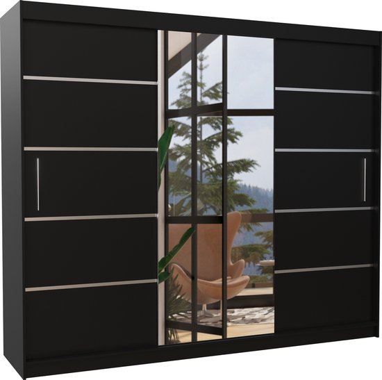 Armoire - 3 portes coulissantes - Miroir - Planches - Rails - Spacieux - Zwart - 250 cm