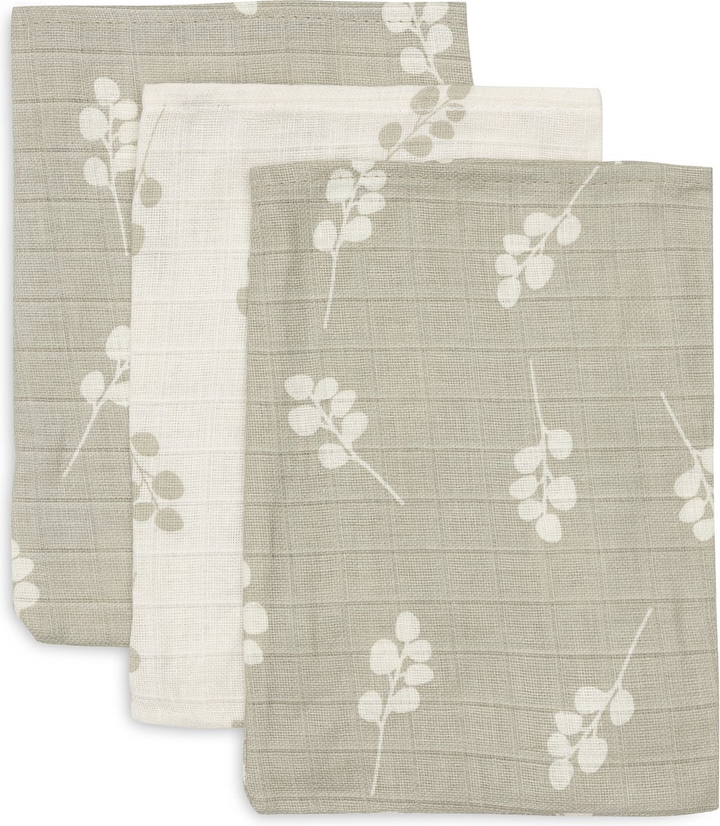Jollein - Hydrofiel Washandje 15x20cm - Baby Washandje - Twig - Olive Green - 3 Stuks