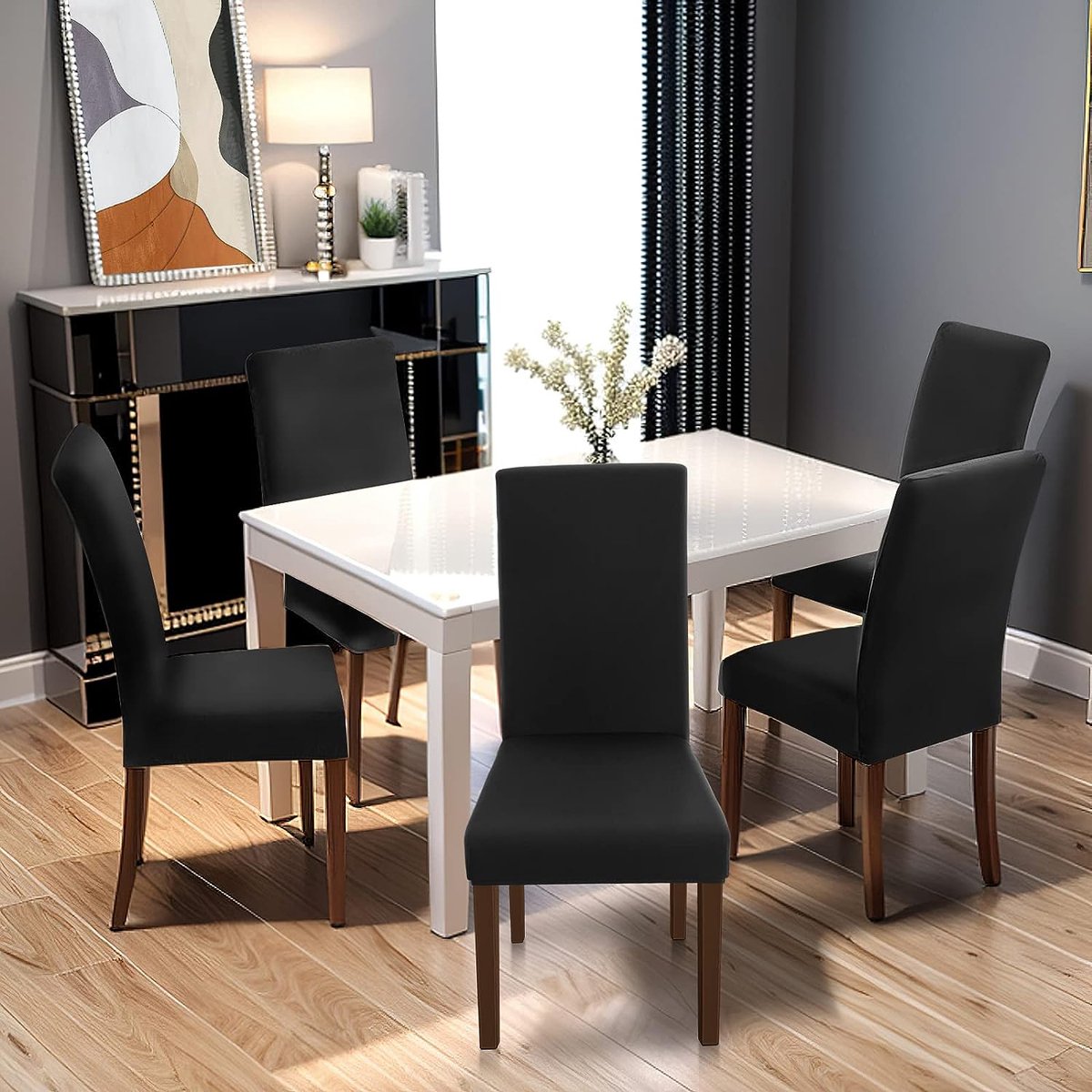 Eetkamerstoelhoezen Set van 2 Zwart Wit Verwijderbare Elastische Stoel Protector Slipcover Cover voor Eetkamer Bruiloft Banket Party Stoel Decor, Stretch Stoelhoezen