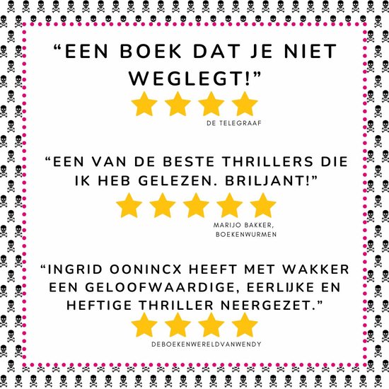 Boek met doodshoofd-en-kruis-rand. Bevat recensies zoals 'EEN BOEK DAT JE NIET WEGIEGT!' en 'EEN VAN DE BESTE THRILLERS DIE IK HEB GELEZEN. BRILJANT!'