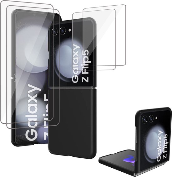 Coque noire et deux protecteurs d'écran pour le Samsung Galaxy Z Flip 5, présentés ouverts et fermés.