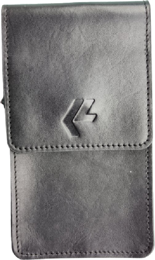 Foto: Leren riem tuck verticale telefoonhouder