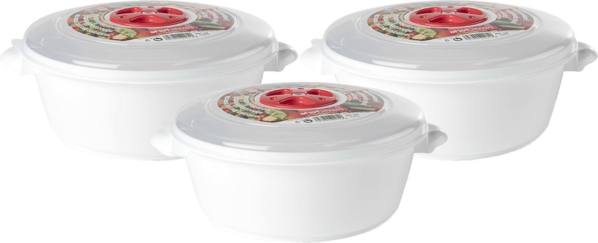 PlasticForte Magnetronschaal met deksel/ventiel - 3x - 1 liter - wit - kunststof - BPA vri