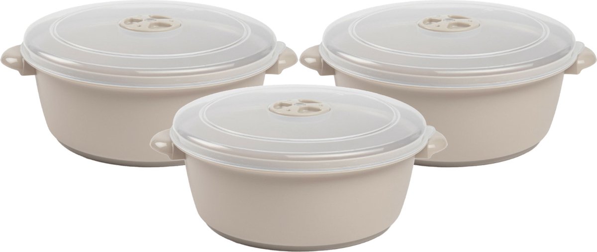 Plasticforte Magnetronschaal met deksel/ventiel - 3x - 2L - beige - kunststof - BPA vrij