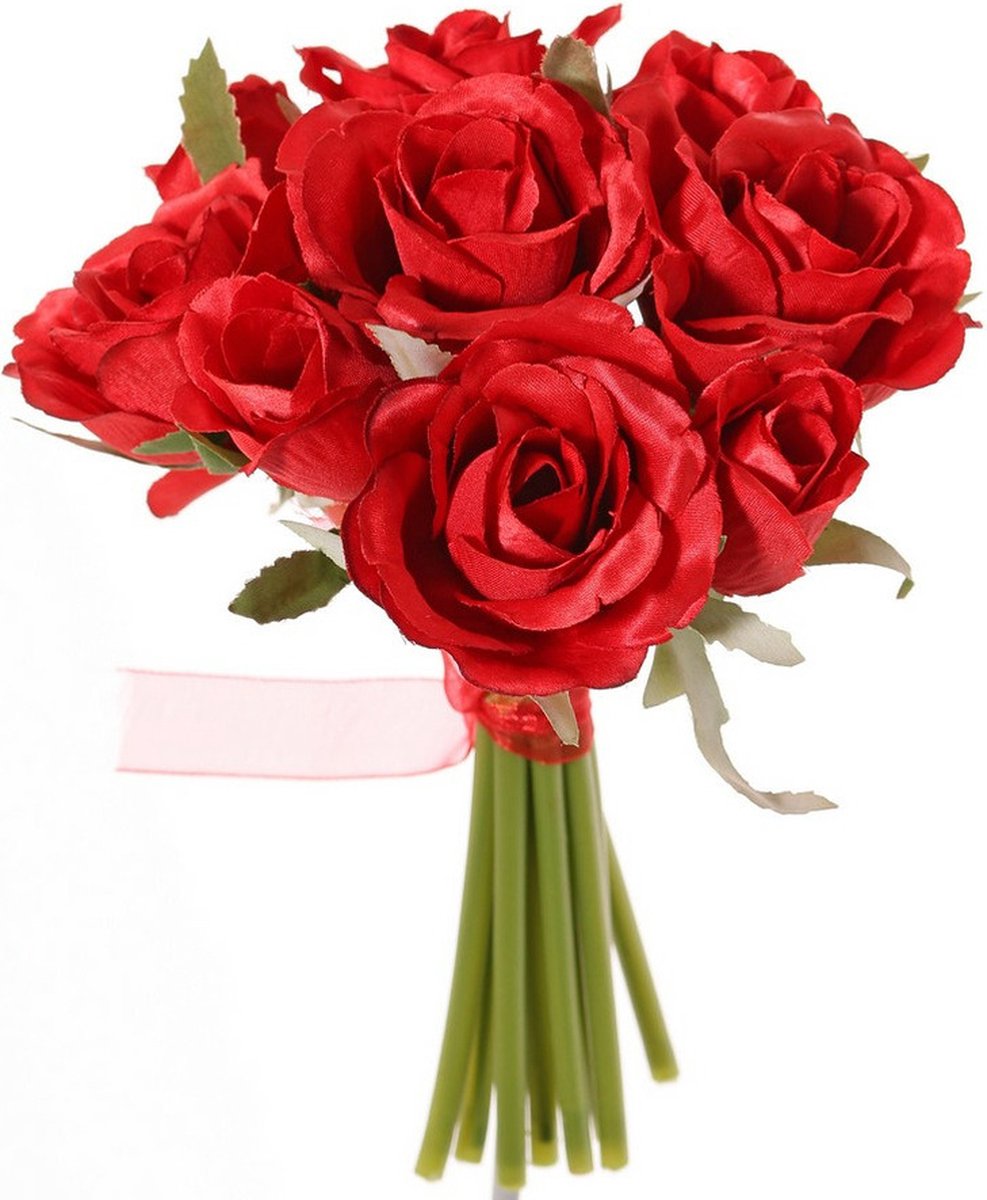 Topart Boeketje Rozen kunstbloemen - 9x stuks - rood - 20 cm - roos - decoratie