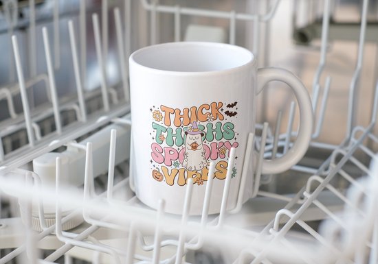 Tasse d'Halloween avec texte : Cuisses épaisses Spooky Vibes | Décoration d'Halloween | Cadeaux drôles | Mug drôle | Tasse de café | Gobelet à café | Tasse à thé | Tasse de thé
