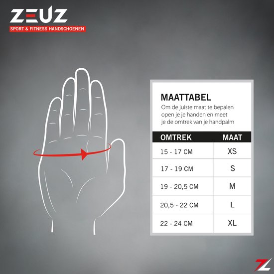 Maattabel voor ZEUZ sport- en fitnesshandschoenen met een afbeelding van een hand en een maattabel.