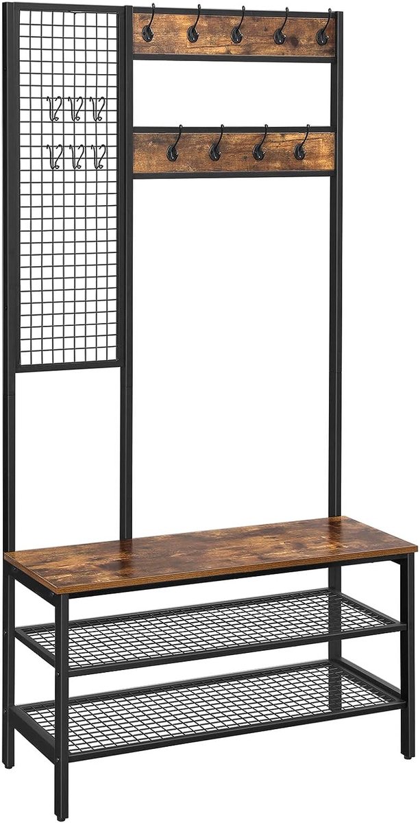 FurnStar - Kapstok met schoenenrek - Garderobe in industriële stijl - Bankje - Haken - Schoenenrek - Robuust metalen frame -97.7x40x185 cm - Bruin