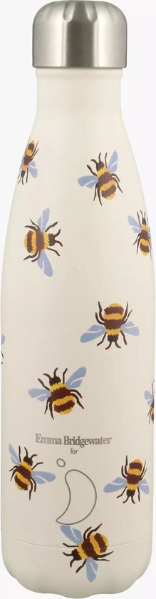 Bouteille Chilly's crème ornée d'un imprimé Emma Bridgewater abeilles, avec bouchon argenté.