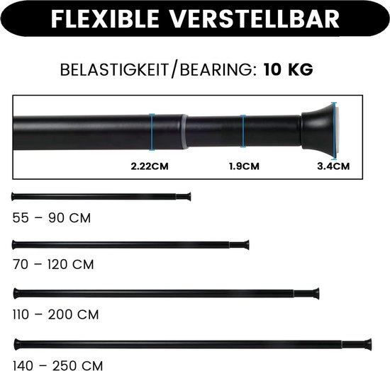 Gordijnroede, uittrekbaar, telescoopstang, gordijn, douchegordijnstang zonder boren, Ø... bol