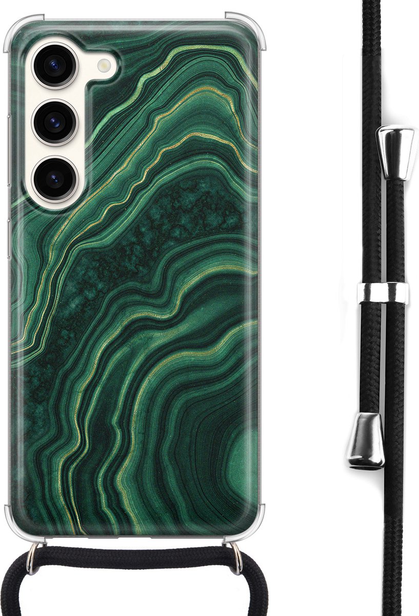 Samsung Galaxy S23 hoesje met koord - Marmer groen agate - Siliconen Case - Shock proof - Zwart koord - Crossbody - Back Cover - Transparant, Groen