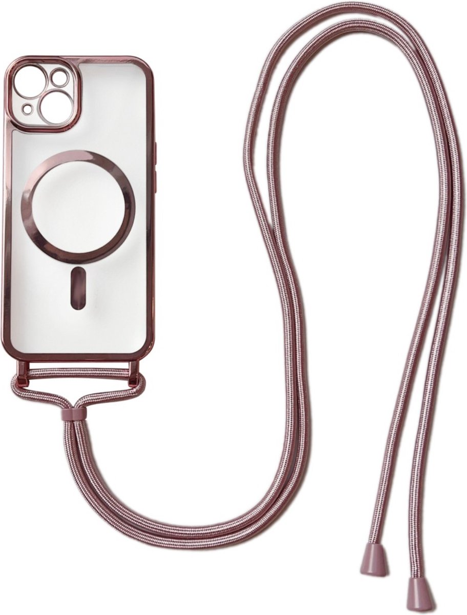 Apple iPhone 14 Pro Magnetisch Hoesje Met Lensbeschermer en Touwtje/koord- Magsafe - Magneet Case Met Ring en camera cover transparant met gekleurde rand -roze