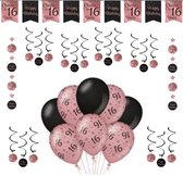 16 Jaar Verjaardag Versiering Pakket - Sweet 16 - Ballonnen, Vlaggen, Slingers & Hangdecoratie - Roze & Zwart - Happy Birthday