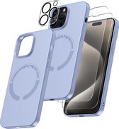 Hoesje Geschikt voor iPhone 15 Pro Max Silicone backcover met Magnetisch Ring incl 2x gehard glazen screenprotector & 1x cameraLens protector – Licht Blauw